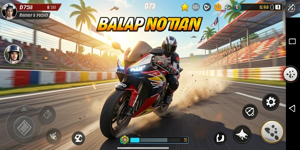 Gameplay D73 menampilkan aksi balap motor yang mendebarkan.