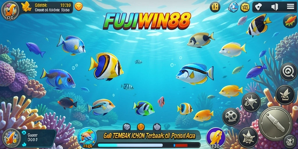 Screenshot utama FUJIWIN88 menunjukkan aksi menembak ikan yang seru.