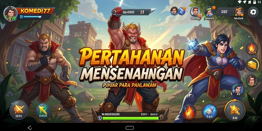 Screenshot utama KOMEDI77 menampilkan gameplay pertahanan yang seru dengan humor.